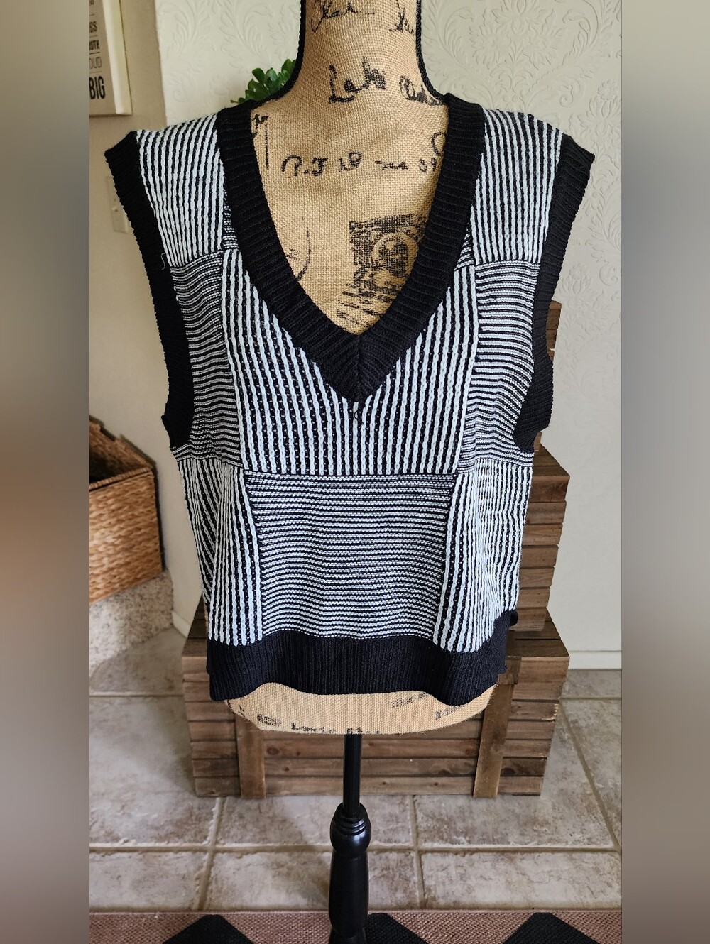 Black & White Striped V-Neck Knit Sweater Vest